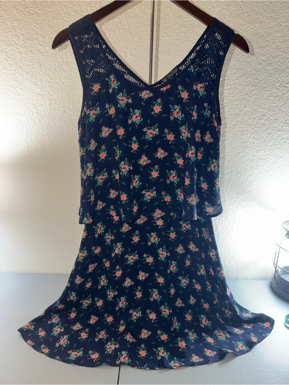 BeBop Navy Floral Knit-Trim Dress